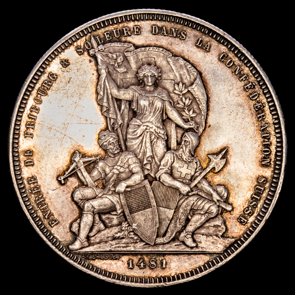 Suiza. 5 Francs. (25,06 g.). Fribourg. 1881. KM-515. EBC+. Restos de brillo original. Infimas rayitas de limpieza