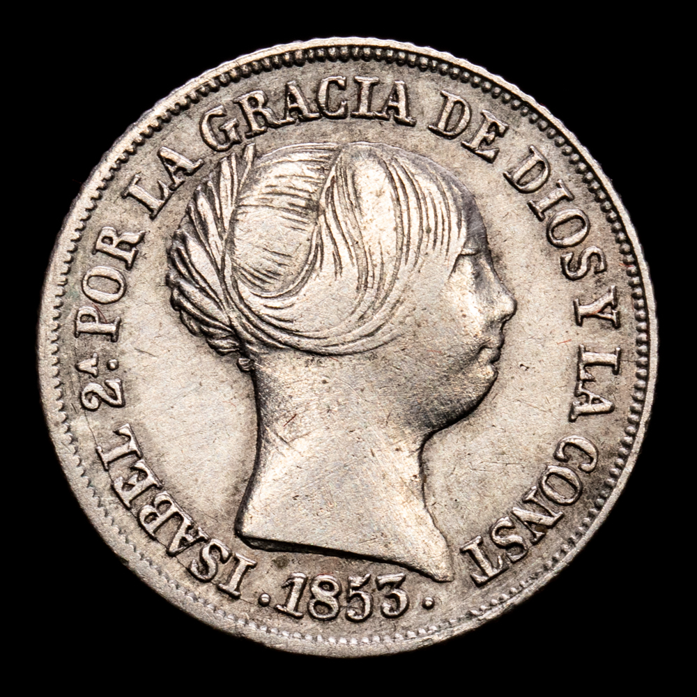 Isabel II. 2 Reales. (2,59 g.). Barcelona. 1853. Aureo y Calico-345. MBC.