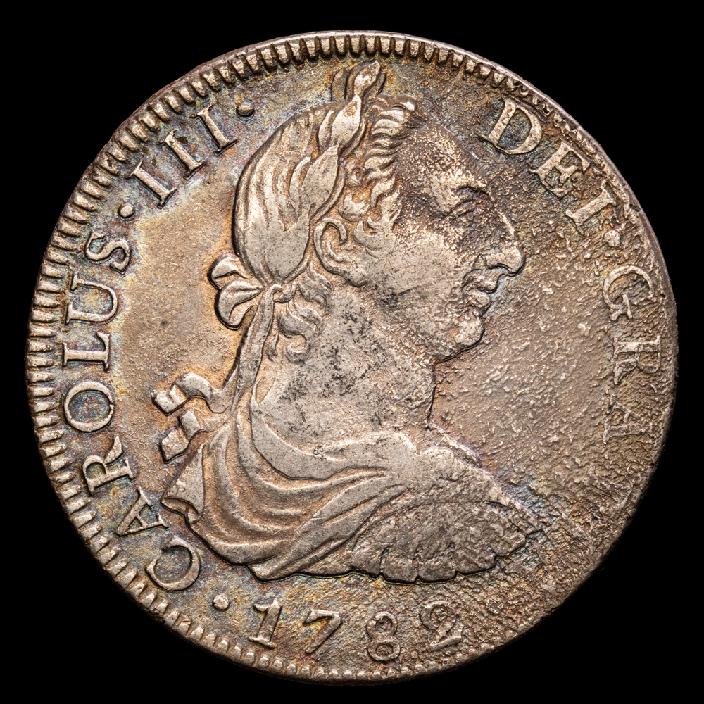 Carlos III. 8 Reales. (27,66 g.). México. 1782. Ensayador F·F. AC-1122. MBC+. Tono. Concreciones limpiadas.