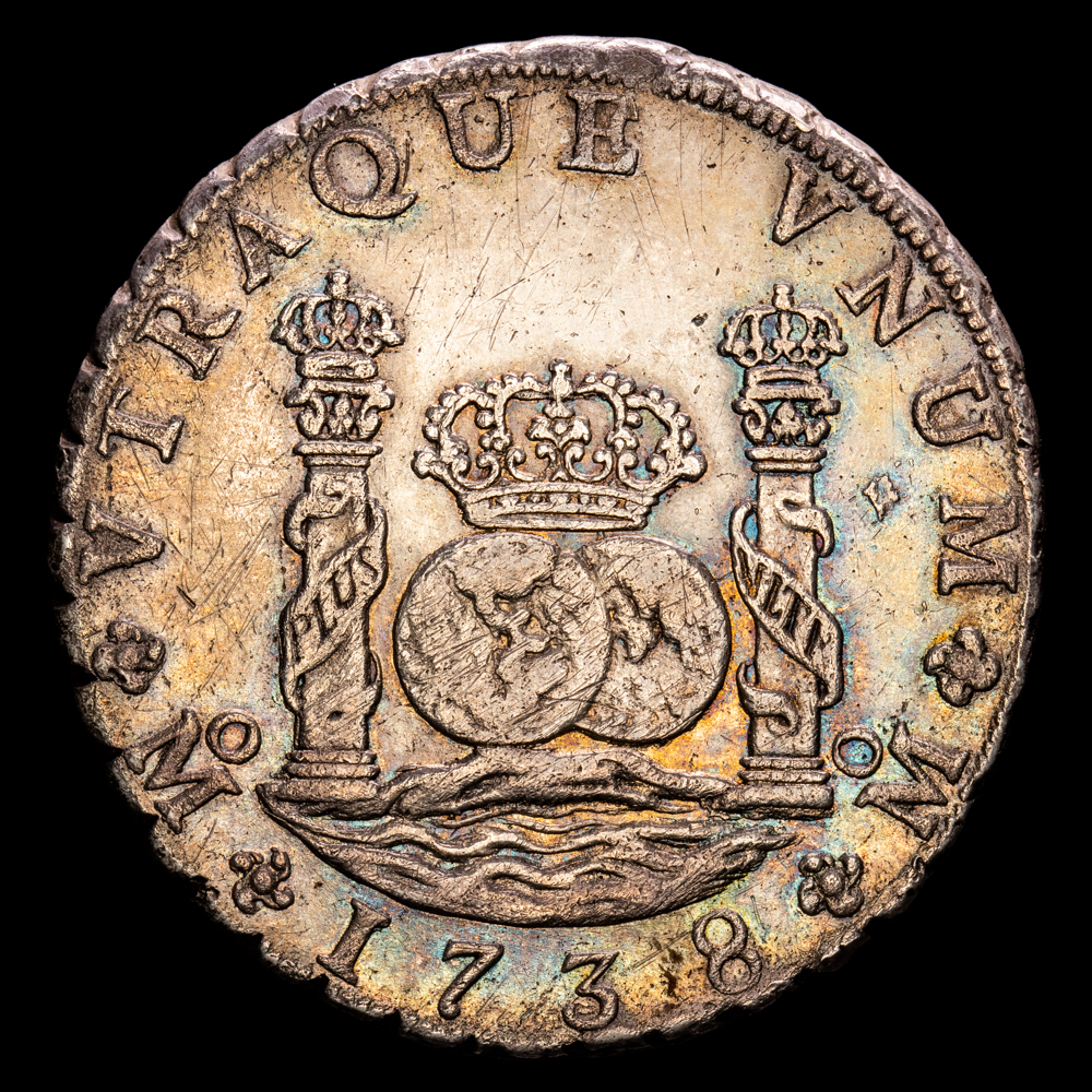Felipe V. 8 Relaes. (26,63 g.). México. 1738. Ensayador M·F. AC-1449. MBC+. Tono.