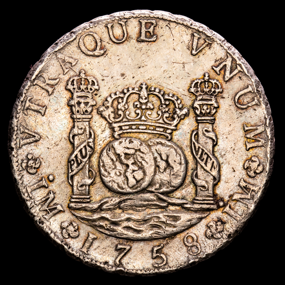 Fernando VI. 8 Reales. (26,92 g.). Lima. 1758. Ensayador J·M. AC-466. MBC+. Punto sobrelas dos LMA