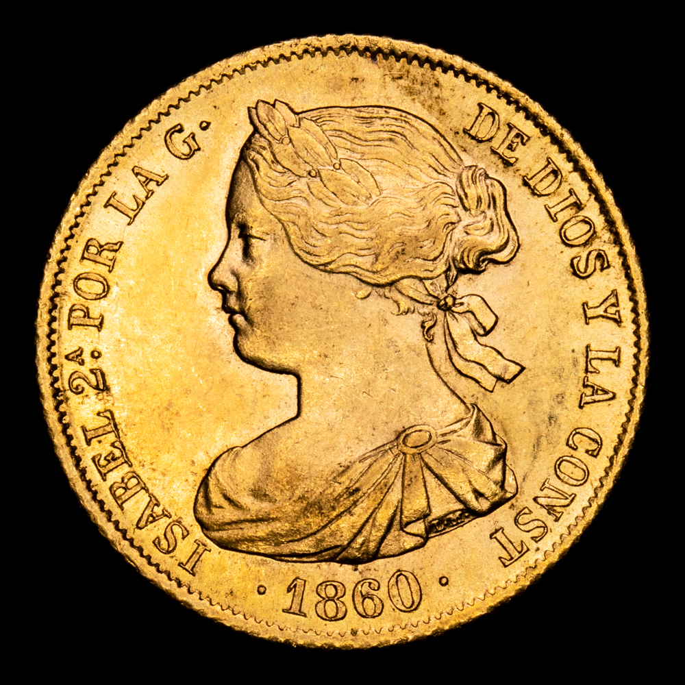 Isabel II. 100 Reales. (8,38 g.). Barcelona. 1860. AC-787. EBC+/SC-. Brillo original