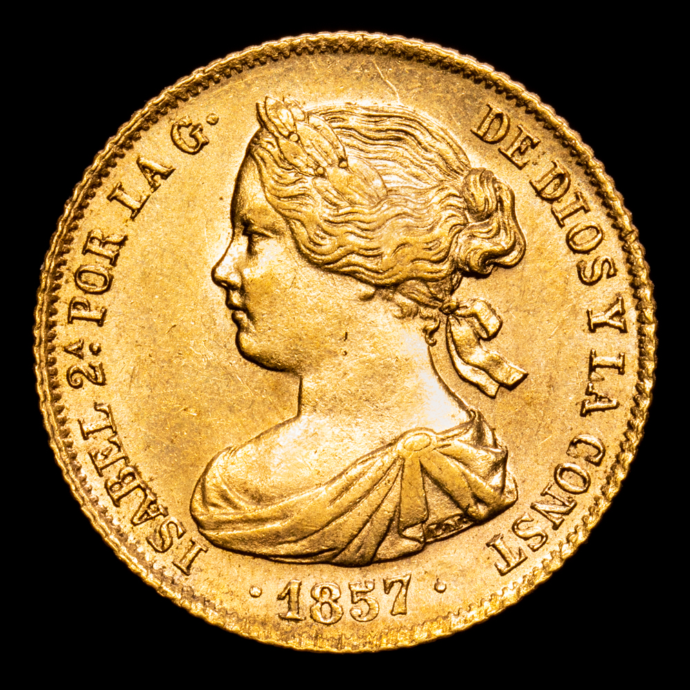 Isabel II. 100 Reales. (8,37 g.). Barcelona. 1857. AC-767. EBC+. Brillo original
