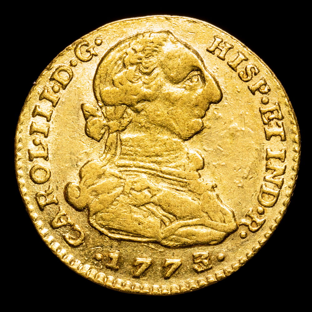 Carlos III. 2 Escudos. (6,76 g.). Nuevo Reino. 1773/2. Ensayador V·J. AC-1686. MBC+. Escasa.