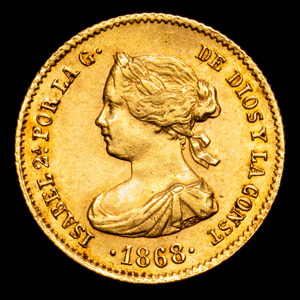 Isabel II. 4 Escudos. (3,34 g.). Madrid. 1868 *6-8*. AC-693. EBC-.