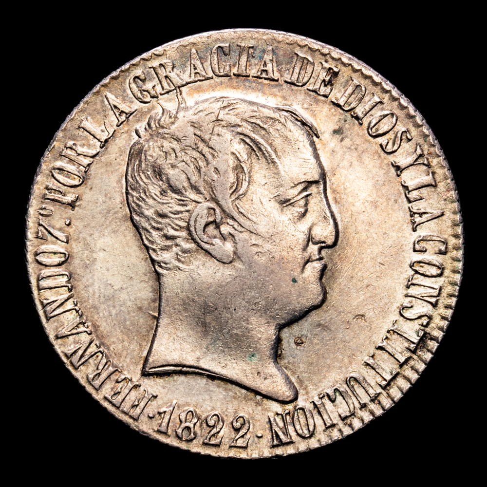 Fernando VII. 20 Reales (27,07 g.). Sevilla. 1822. Ensayador R·D.  Aureo y Calicó  – 1422. MBC+.