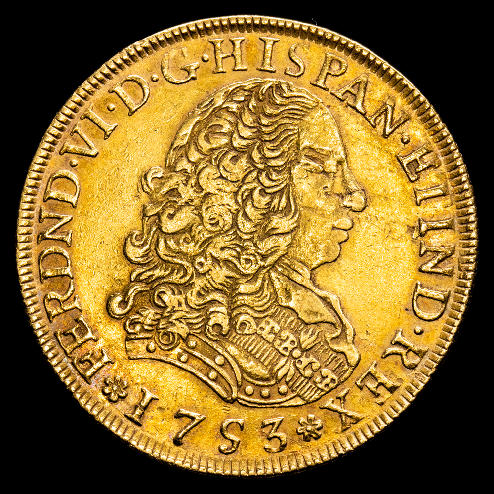 Fernando VI. 8 Escudos. (26,91 g.). Lima. 1753. Ensayador J. AC-766. MBC+. Hojita en anverso. Bello color