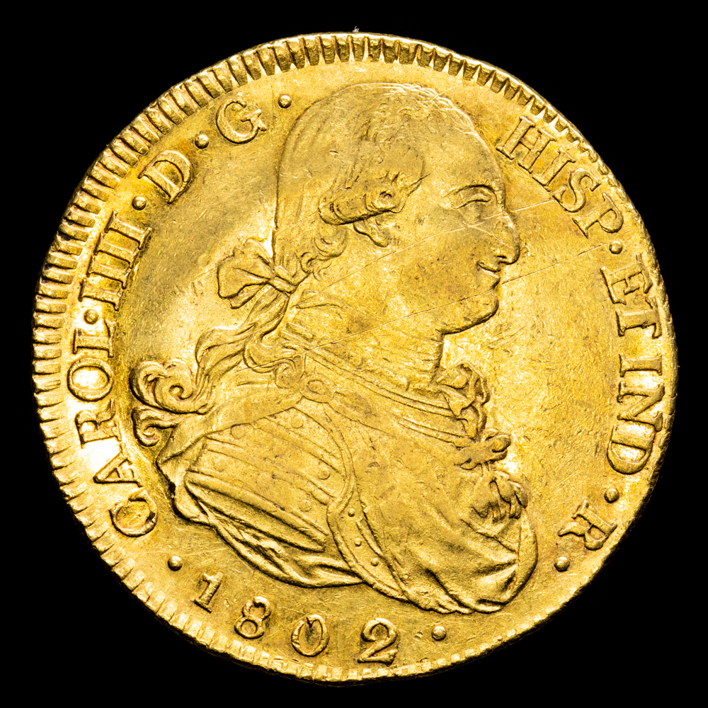 Carlos IV. 8 Escudos. (27,02 g.). Popayán. 1802. Ensayador J·F. AC-1676. EBC-/EBC+. Brillo original.