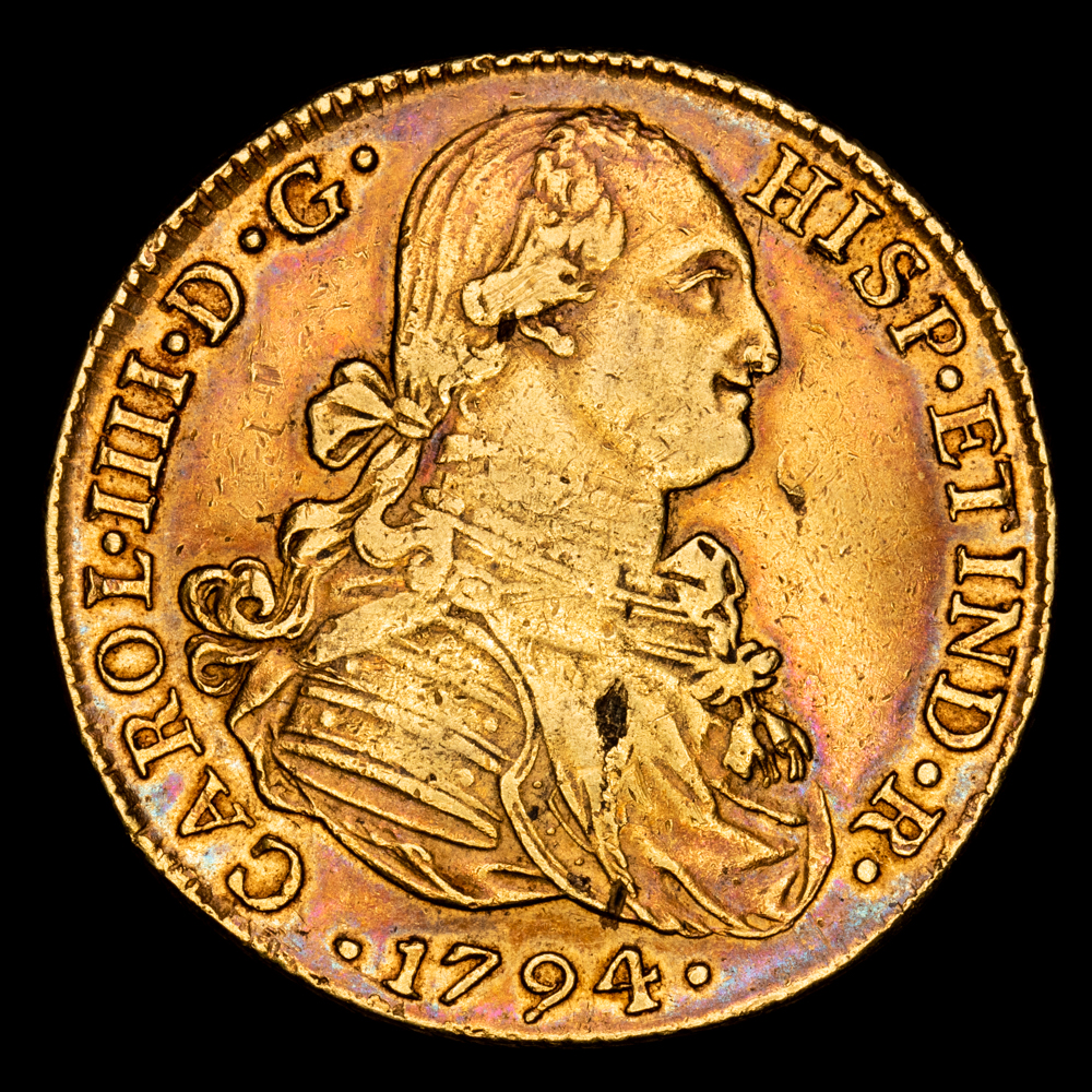 Carlos IV. 8 Escudos. (26,92 g.). Lima. 1794. Ensayador I·J. Aureo y Calico – 1593. MBC+. Bonito color