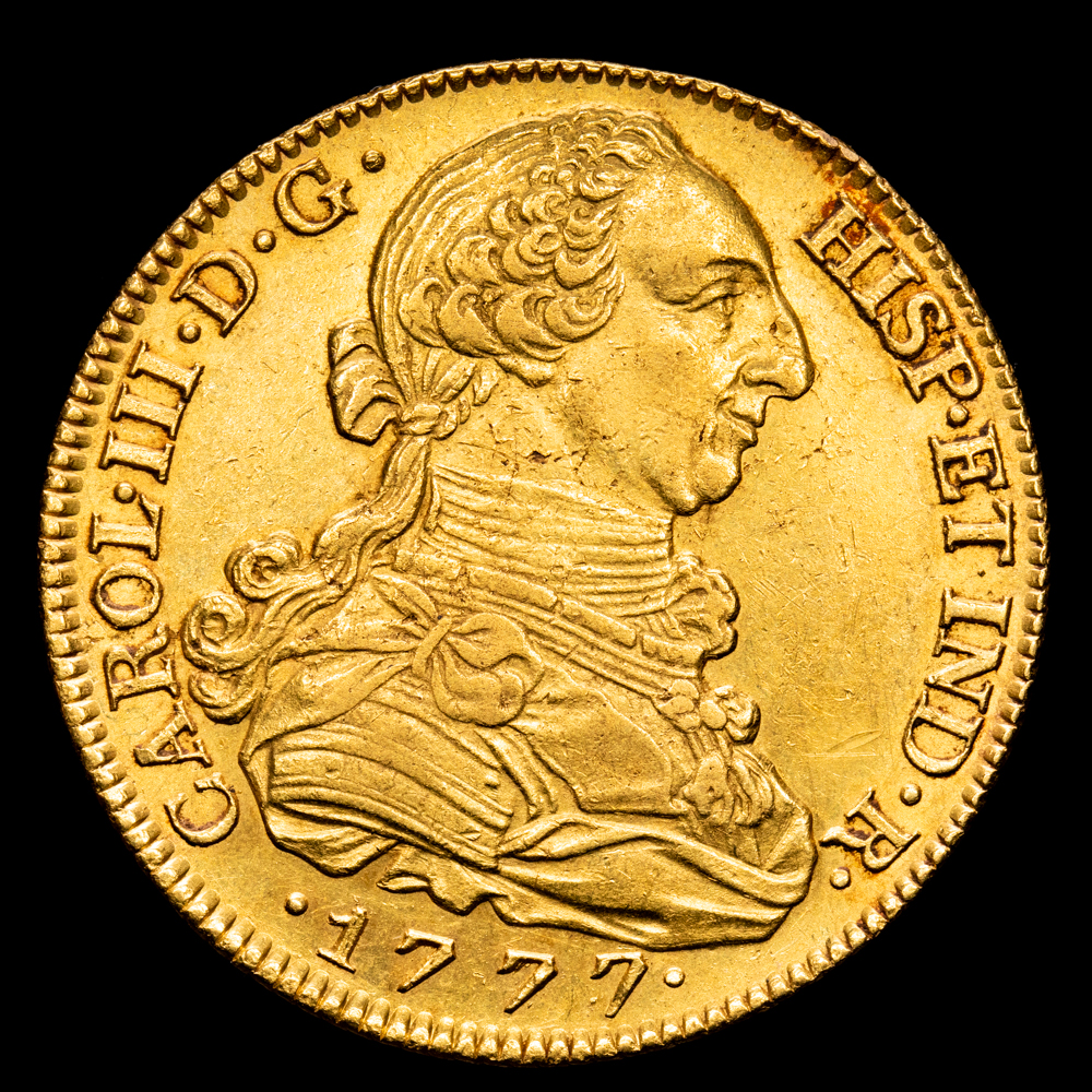 Carlos III. 8 Escudos. (26,97 g.). Madrid. 1777. Ensayador P·J. Aureo y Calico – 1964. EBC-. Escasa
