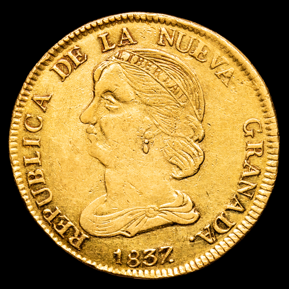 República de Nueva Granada. 16 Pesos en oro. (26,78 g.). Popayán. 1837. Ensayador R·U. KM-19/94.1. MBC+. Restos de brillo original. R-2