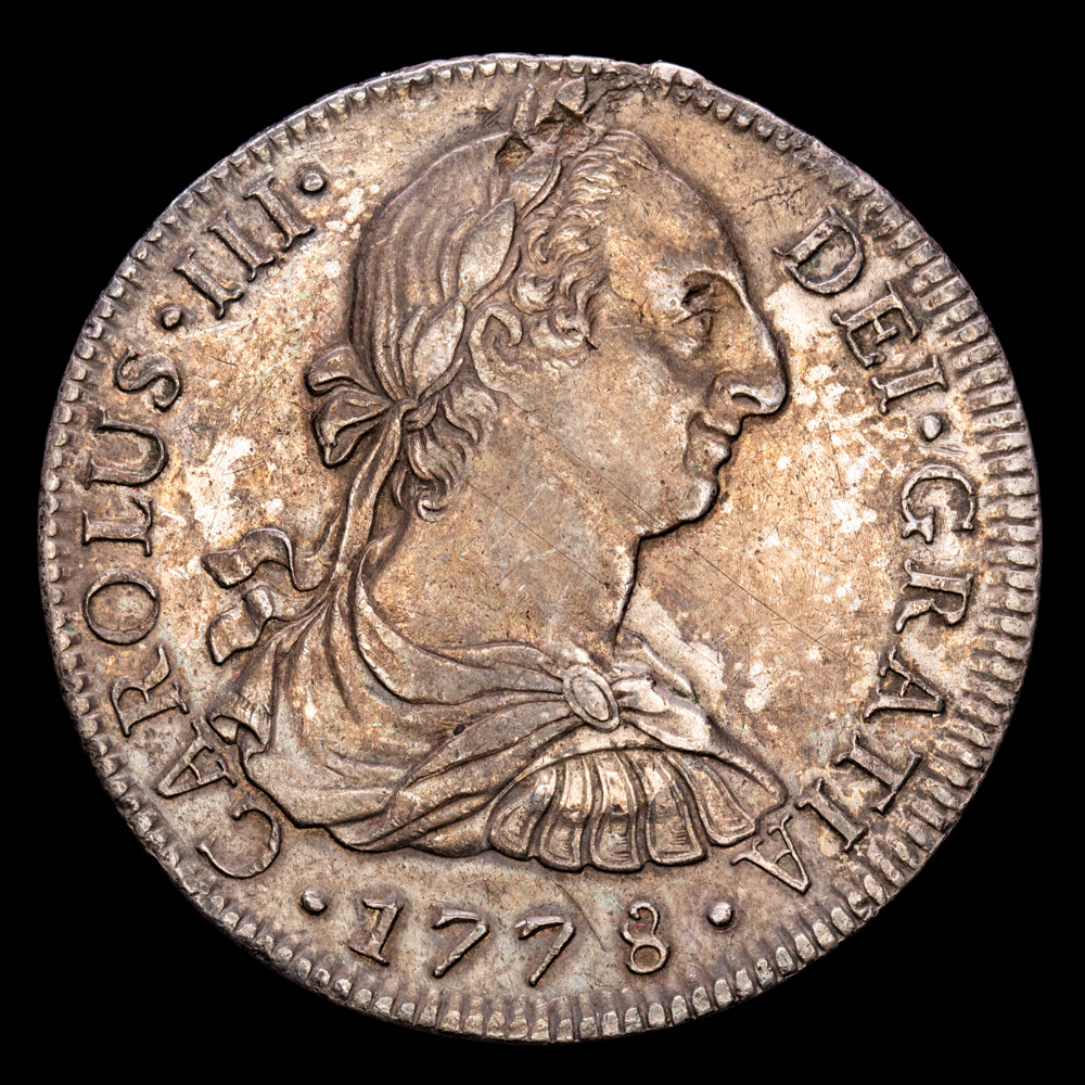 Carlos III. 8 Reales. (26,81 g.). México. 1778. Ensayador F·F. Aureo y Calico – 1117. MBC+. Pátina oscura.