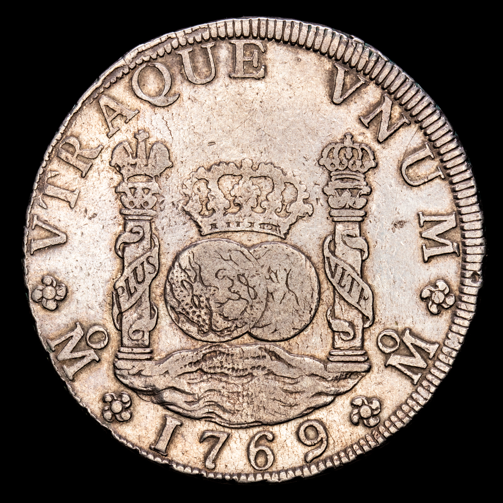 Carlos III. 8 Reales. (26,85 g.). México. 1769. Ensayador M·F. Aureo y Calico – 1095. MBC+.