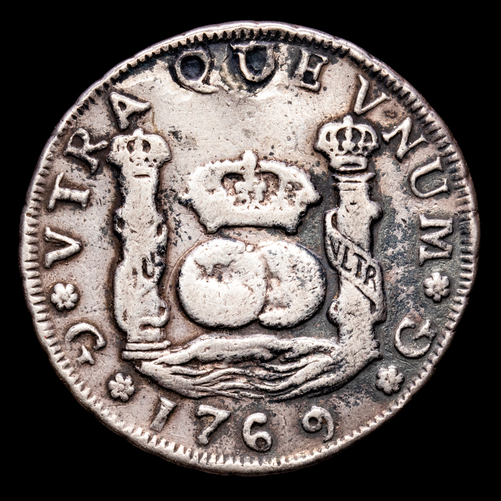 Carlos III. 4 Reales. (13,12 g.). Guatemala. 1769. Ensayador P. Aureo y Calico – 800. MBC. Escasa! Agujero reparado.