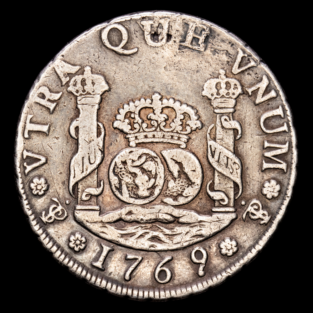 Carlos III. 4 Reales. (12,98 g.). Potosí. 1769. Ensayador J·R. Aureo y Calico – 925. MBC. Rara. Agujero tapado .