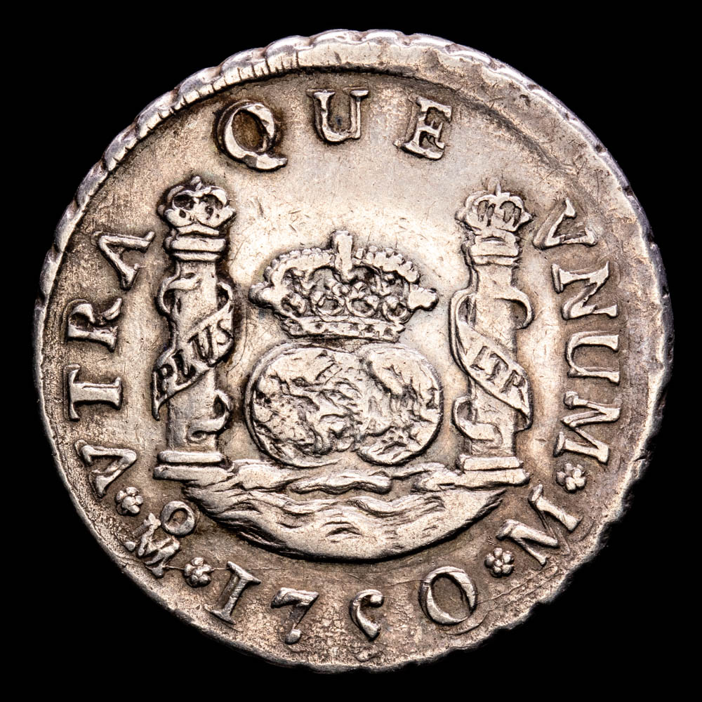 Fernando VI. 2 Reales. (6,64 g.). México. 1750. Ensayador M. Aureo y Calicó – 289. MBC+. Tipo columnario. Buen ejemplar.
