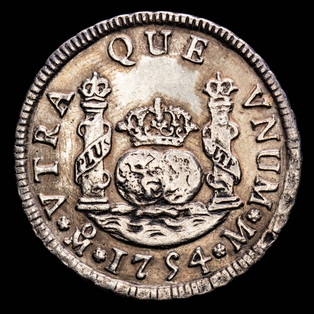 Fernando VI. 2 Reales. (5,96 g.). México. 1754. Ensayador M. Aureo y Calicó – 295. MBC+. Tipo columnario.