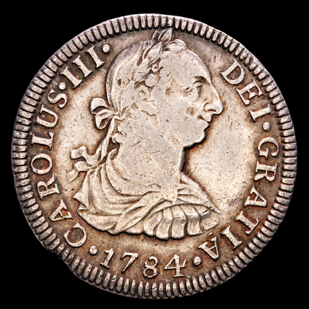 Carlos III. 2 Reales. (6,52 g.). México. 1784. Ensayador F·F. Aureo y Calicó – 674. MBC/MBC+. Bonito color.
