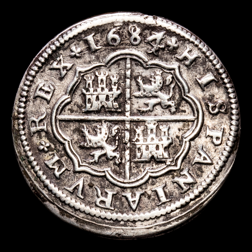 Carlos II. 4 Reales. (13,26 g.). Segovia. 1684/683. Ensayador BR. AC-560. MBC+. Rara. Sin escudo de Portugal