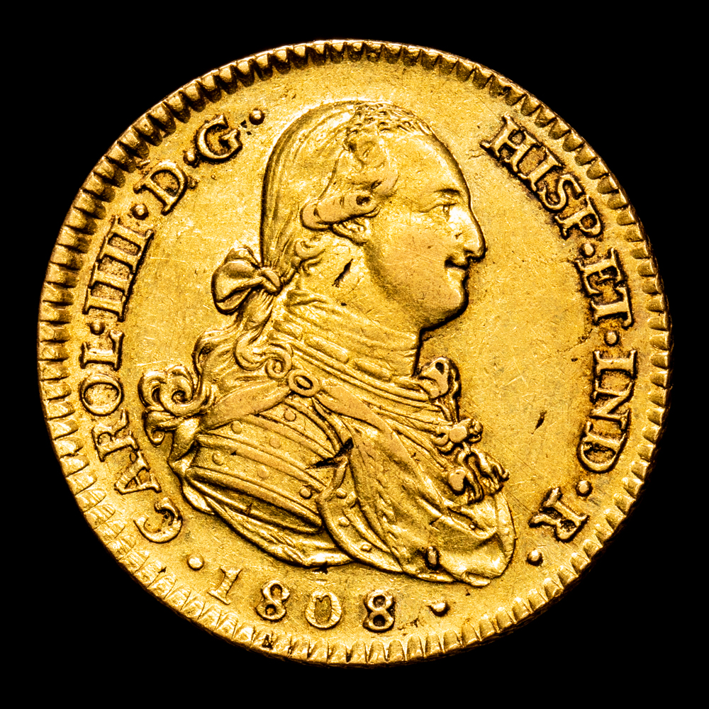 Carlos IV. 2 Escudos. (6,67 g.). Madrid. 1808. Ensayador A·I. AC-1320. MBC+. Restos de brillo original