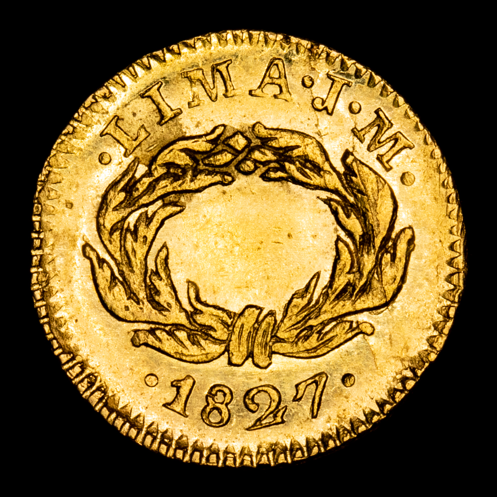 República del Perú. 1/2 Escudo. (1,67 g.). Lima. 1827. Ensayador J·M. KM-146.1. SC-. Brillo original. Raro así. Fecha clave.
