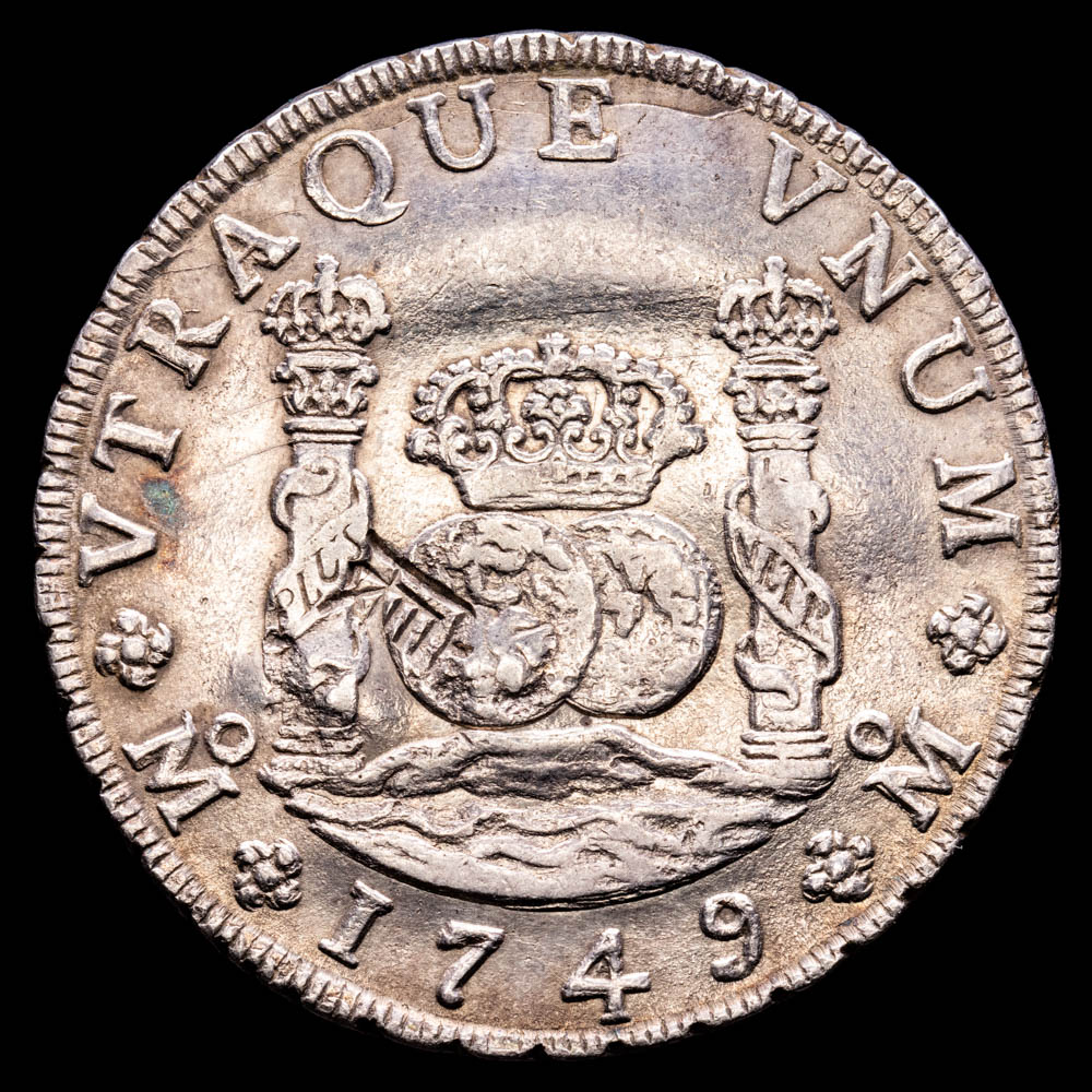 Fernando VI. 8 Reales. (26,72 g.). México. 1749. Ensaydor M·F. Aureo y Calicó – 473. MBC+. Resello oriental