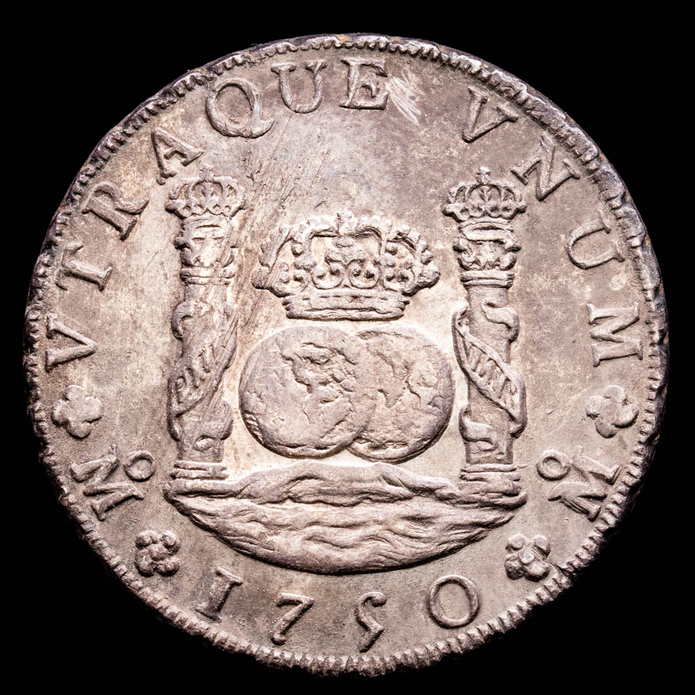 Fernando VI. 8 Reales. (26,99 g.). México. 1750. Ensaydor M·F. Aureo y Calicó – 474. EBC. Tono. Rayas de ajuste en reverso