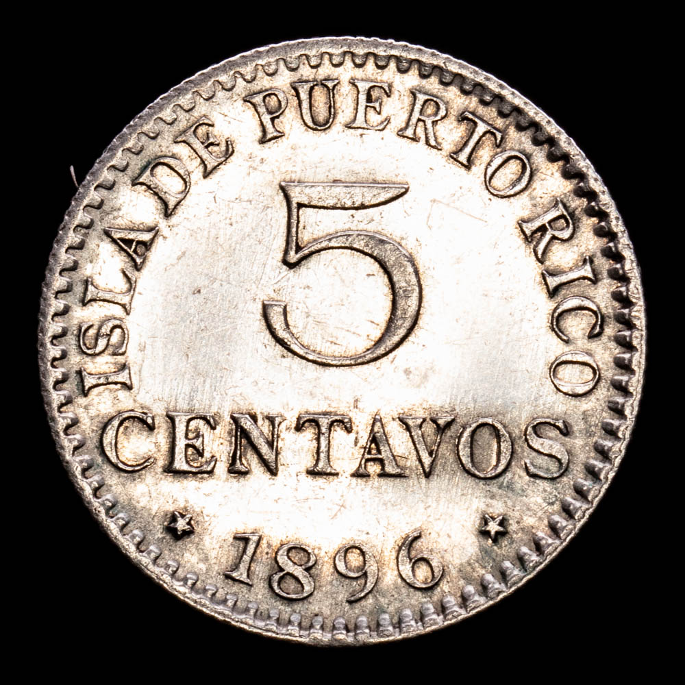 Alfonso XIII. 5 Centavos. (1,26 g.). Puerto Rico. 1896. Ensayador PG·V. Aureo y Calicó – 124. EBC. Restos de brillo original. Escasa.