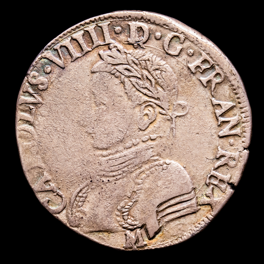 Francia – Carolus VIII. Teston 2º Tipo. (9,44 g.). Toulouse. 1568. DY-1063. MBC+. Pátina. Bello ejemplar