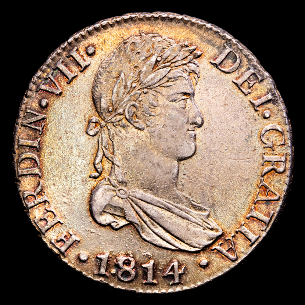 Fernando VII. 8 Reales. (26,77 g.). Cádiz. 1814. Ensayador C·J. Aureo y Calicó – 1154. EBC. Bonita pátina