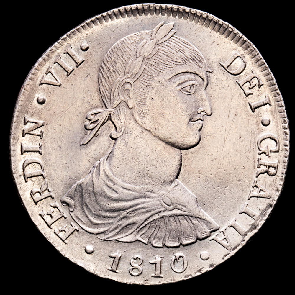 Fernando VII. 8 Reales. (26,38 g.). Lima. 1810. Ensayador J·P. Aureo y Calicó – 1241. EBC-.  Busto indígena