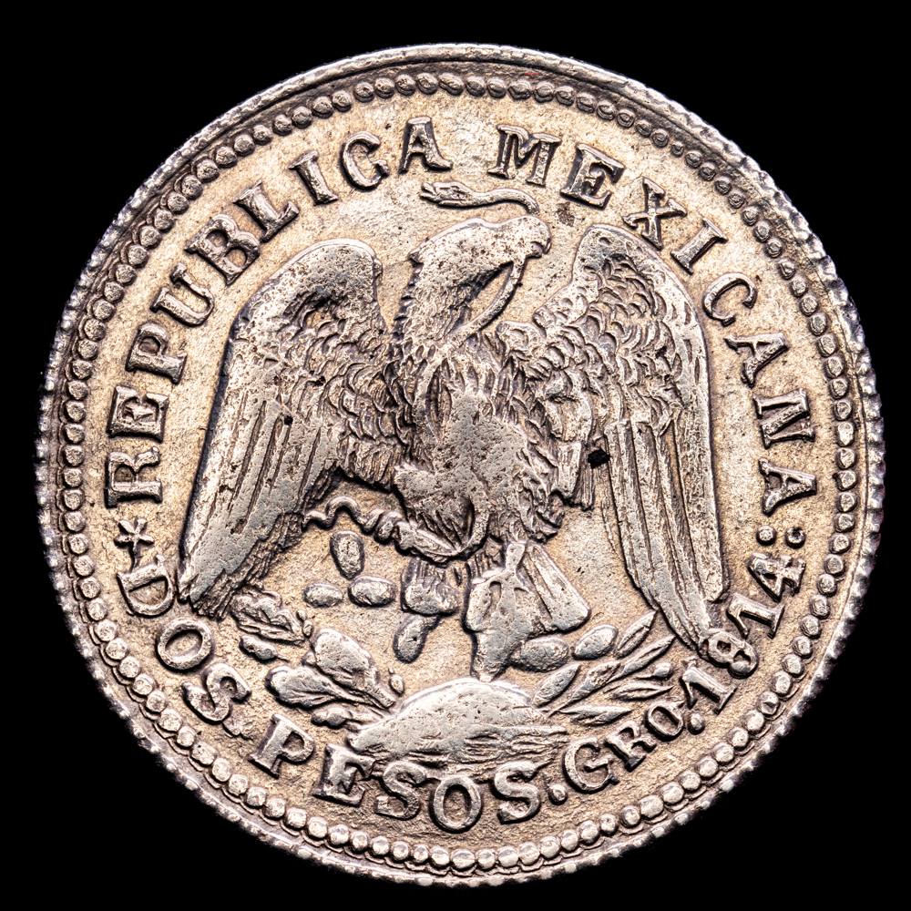 México – Época Revolucionaria. 2 Pesos. (25,27 g.). Guerrero. 1914. KM-643. MBC+. Escasa
