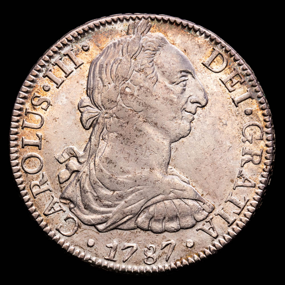 Carlos III. 8 Reales. (26,92 g.). México. 1787. Ensayador F·M. Aureo y Calicó – 1131. EBC-. Suave pátina