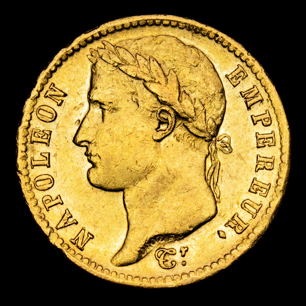 Francia – Napoleon Bonaparte. 20 Francs. (6,45 g.). París. 1810. A. GAD-1025. MBC+. Restos de brillo original