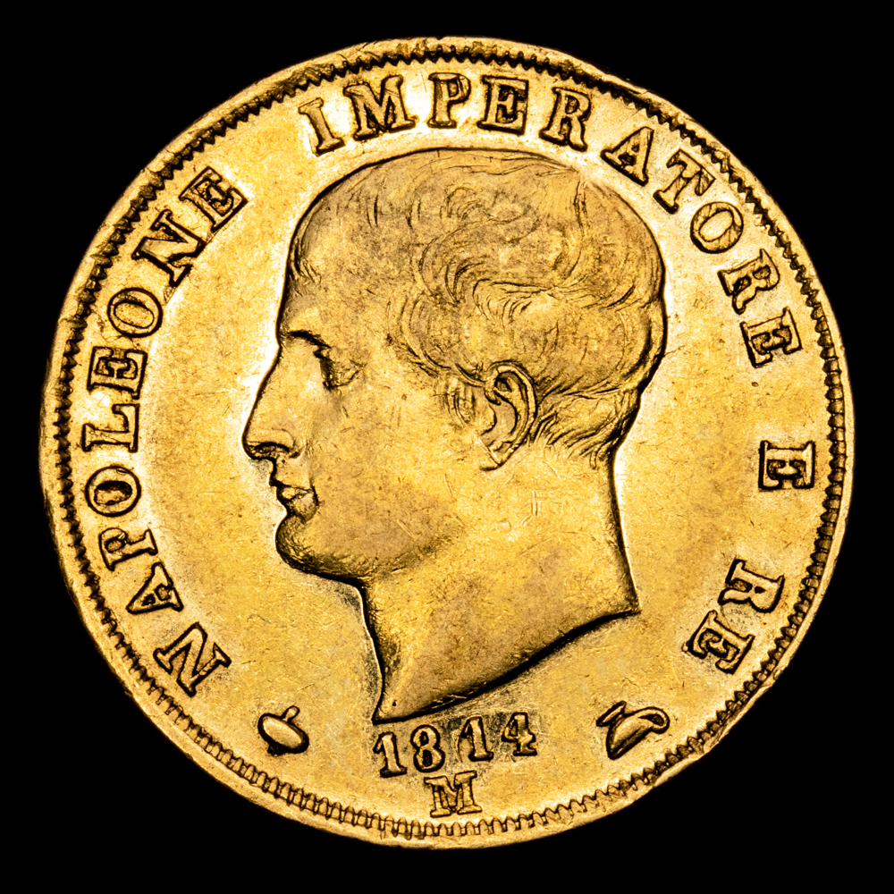 Italia – Napoleón. 40 Liras. (12,87 g.). Milán. 1814. M. KM-12. EBC. Brillo original