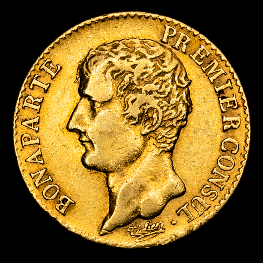 Francia – Napoleon Bonaparte. 20 Francs. (6,41 g.). París. AN12 . (1803). A. GAD-1020. MBC+. Escasa
