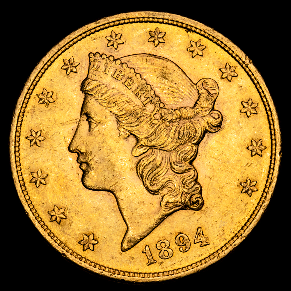 Estados Unidos 20 dólares 1894 S . Oro (.900) 33,43 g.; “Liberty Head – Double Eagle” : San Francisco; XF