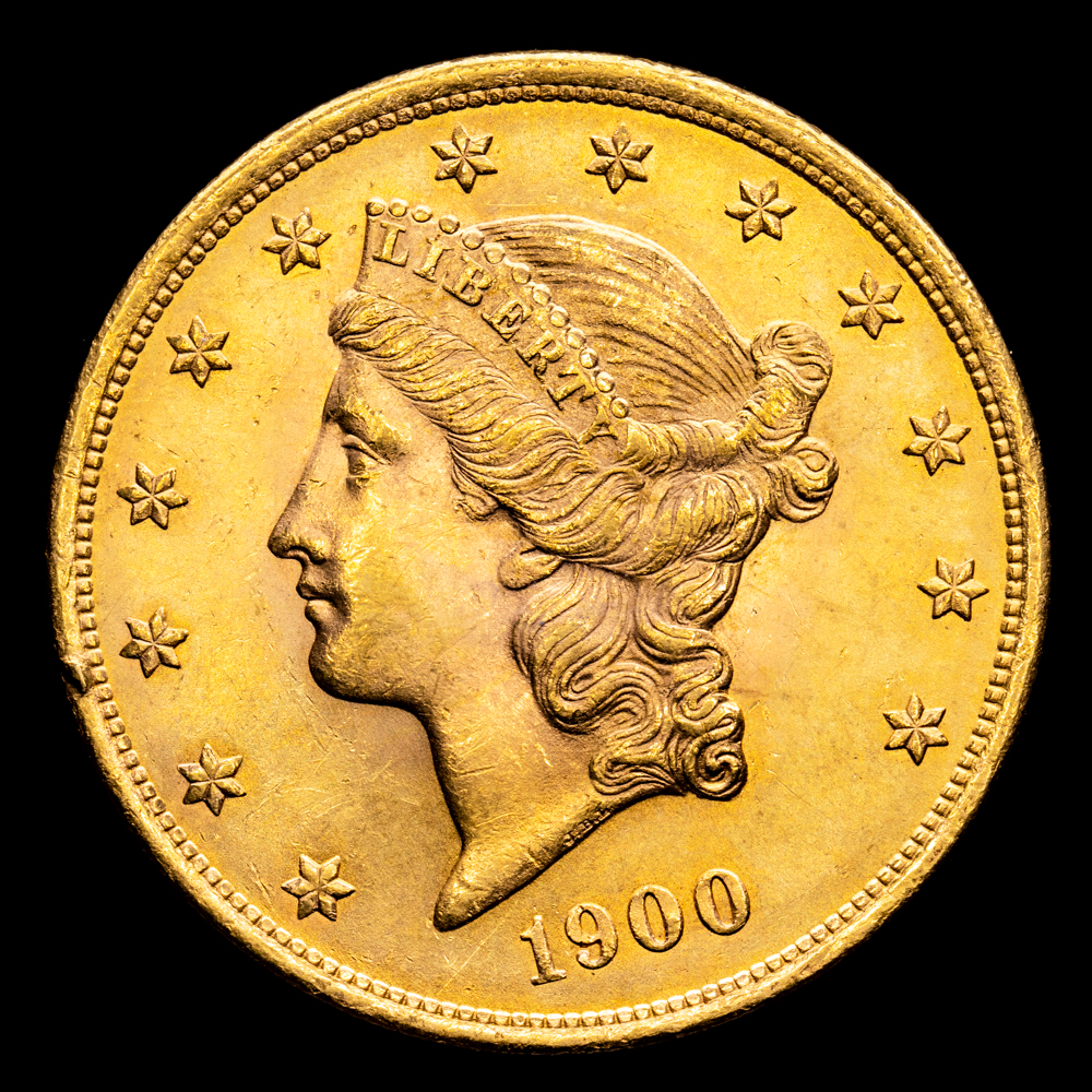 Estados Unidos 20 Dólares 1900 . KM# 74,3, N# 23125; Oro (.900) 33,45 gramos; Cabeza de la Libertad – Águila Doble; Casa de la Moneda de Filadelfia; UNC-