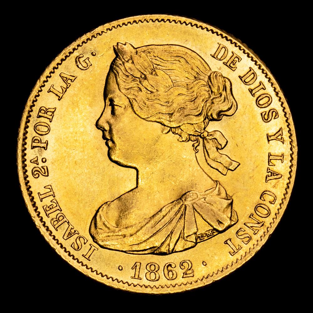 Isabel II. 100 Reales. (8,35 g.). Madrid. 1862. Aureo y Calicó – 789. EBC+. Brillo original
