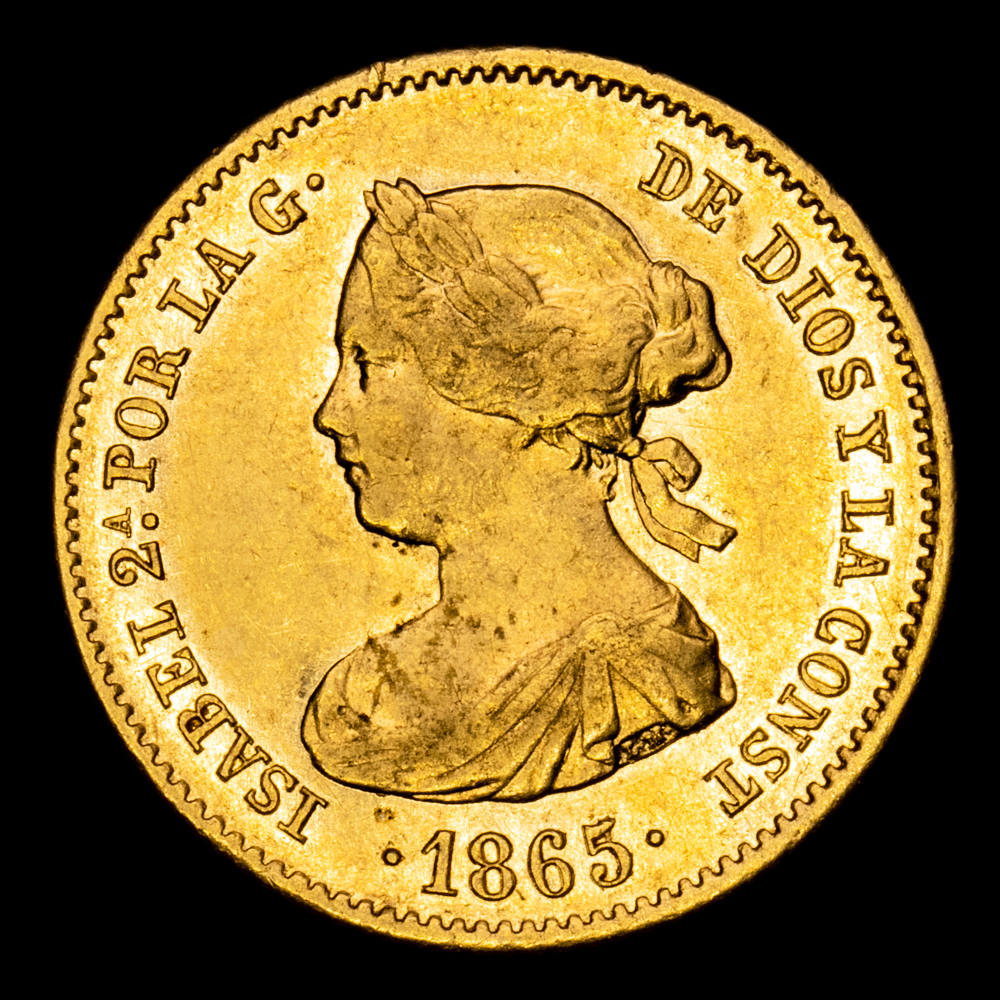 Isabel II. 4 Escudos. (3,37 g.). Madrid. 1865. Aureo y Calicó – 688. EBC-. Brillo original