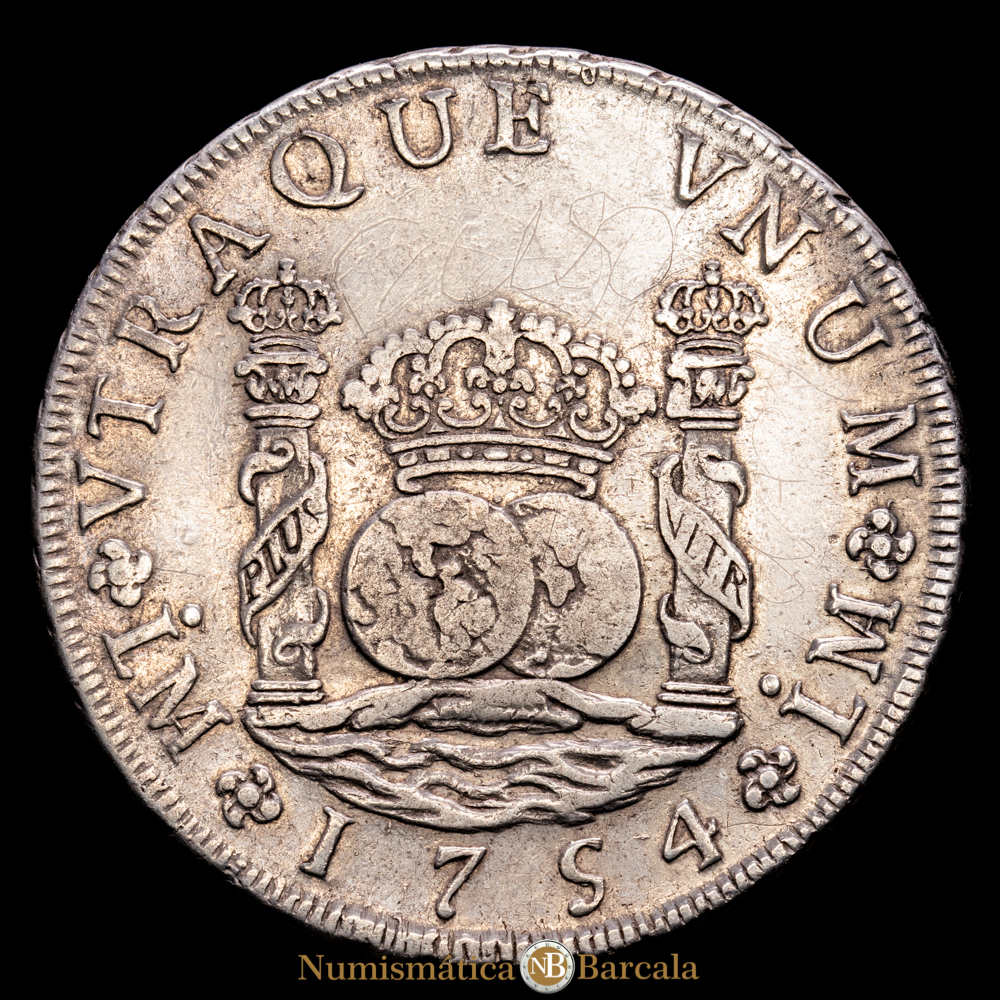 Fernando VI. 8 Reales. (26,93 g.). Lima. 1754. Ensayador J·D. AC-457. VF+. Punto sobre las dos L