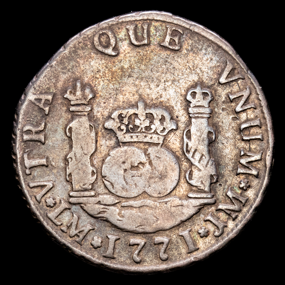 Carlos III. 2 Reales. (6,57 g.). Lima. 1771. Ensayador J·M. Aureo y Calicó-581. MBC-. Pátina. Escasa.