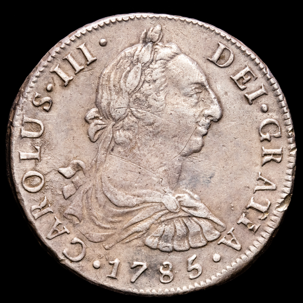 Carlos III. 8 Reales. (26,61 g.). Lima. 1785. Ensayador M·I. Aureo y Calicó-1054. MBC+. Tono.