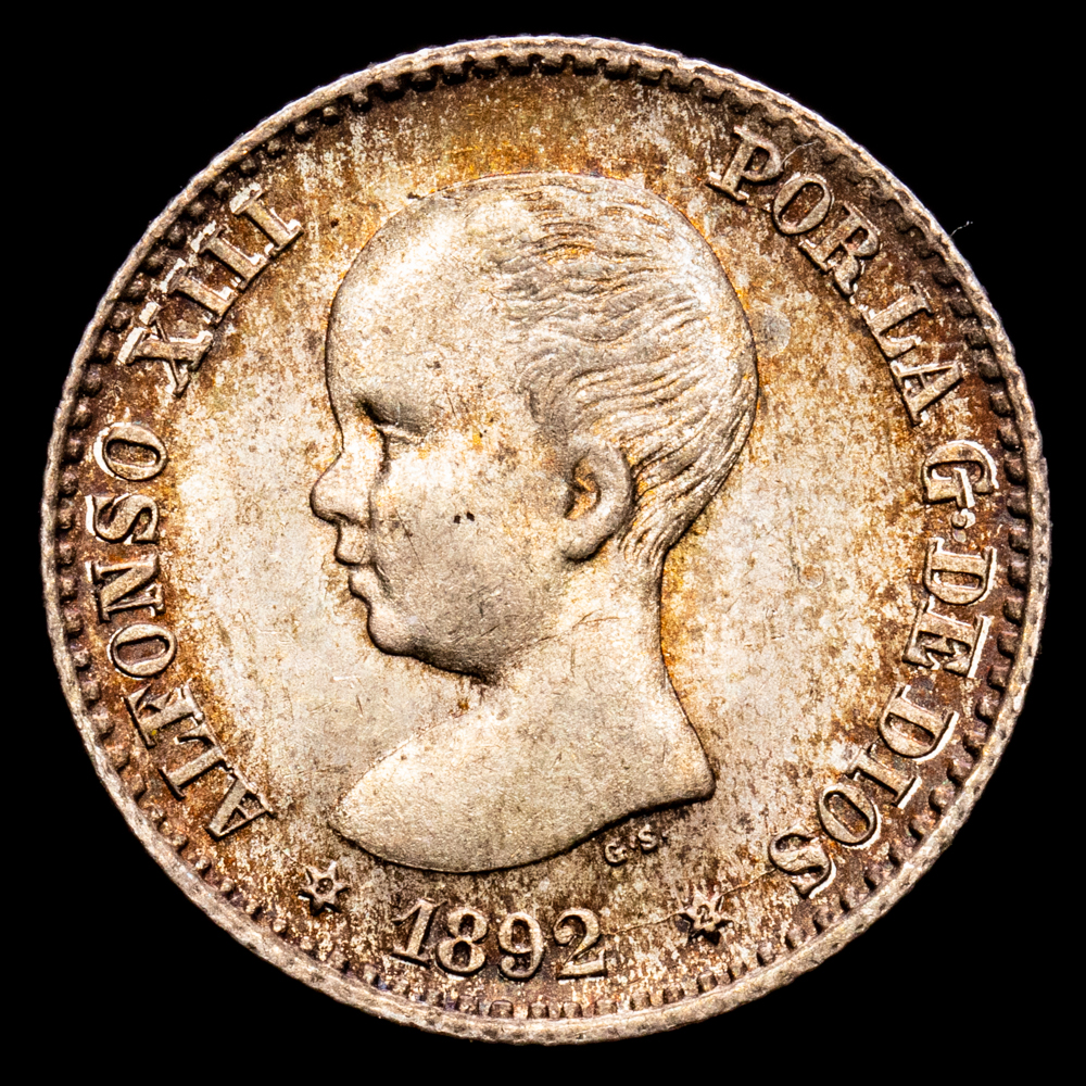 Alfonso XIII. 50 Céntimos. (2,51 g.). Madrid. 1892 *9-2*. Ensayador PG·M. Aureo y Calicó-38. EBC+. Restos de brillo original. Pátina de monetario.