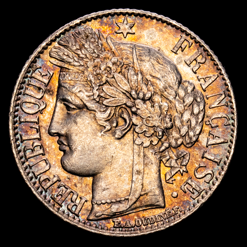 República Francesa. 1 Franc. (5,02 g.). A-París. 1888. KM-822.1. EBC+. Pátina