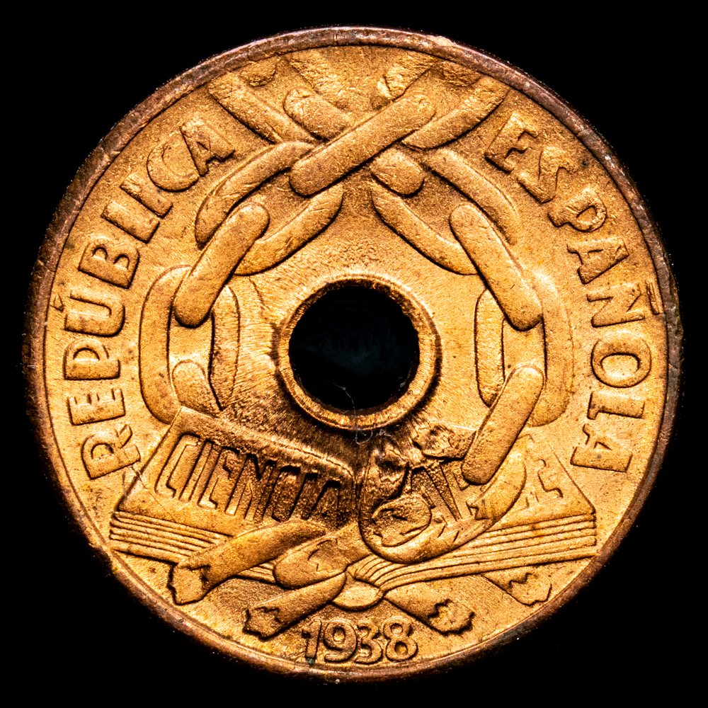 España II República. 25 Céntimos. (4,88 g.). Madrid. 1938. Aureo y Calicó-20. SC. Brillo original. Muy bella