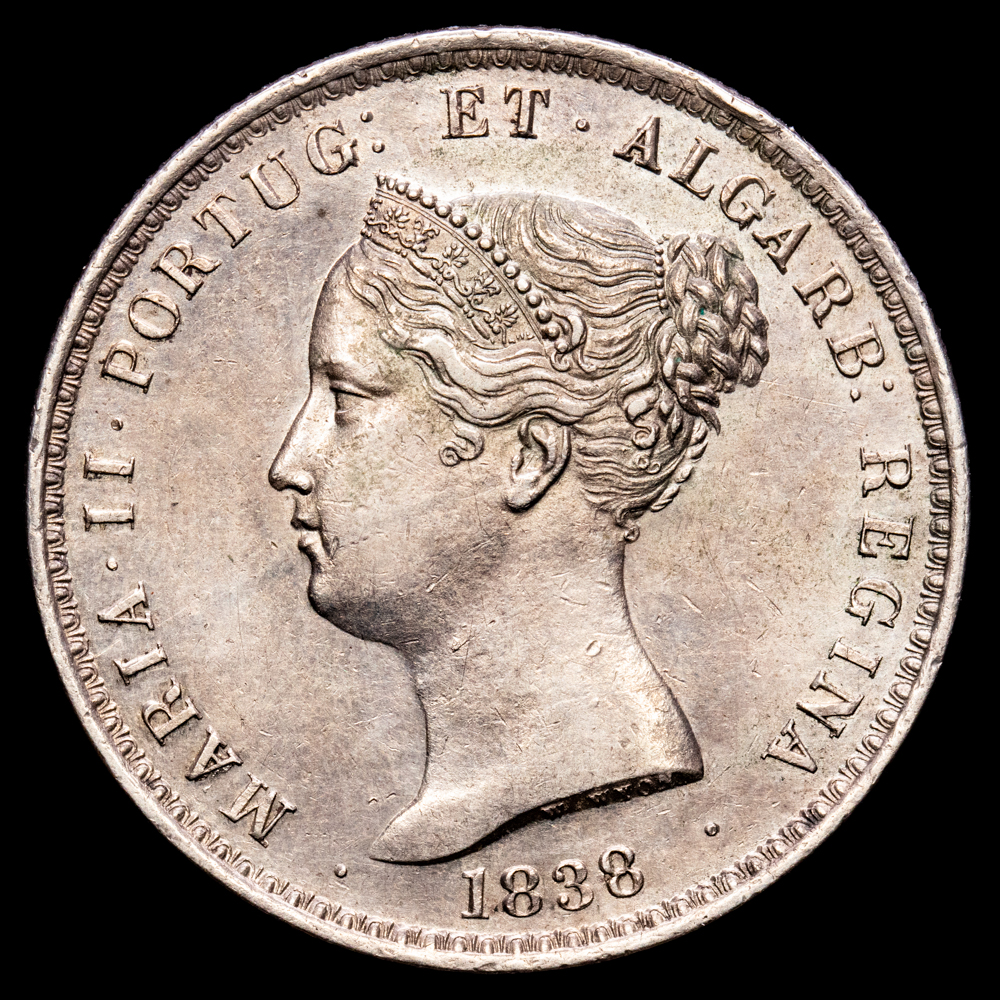 Portugal – D. Maria II. 1000 Reis. (29,63 g.). Lisboa. 1838. KM-472. EBC+. Escasa así. Muy bella.