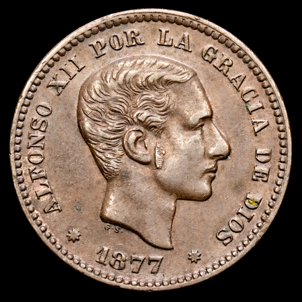 Alfonso XII. 5 Céntimos. (4,97 g.). Barcelona. 1877. Aureo y Calicó-4. MBC+.