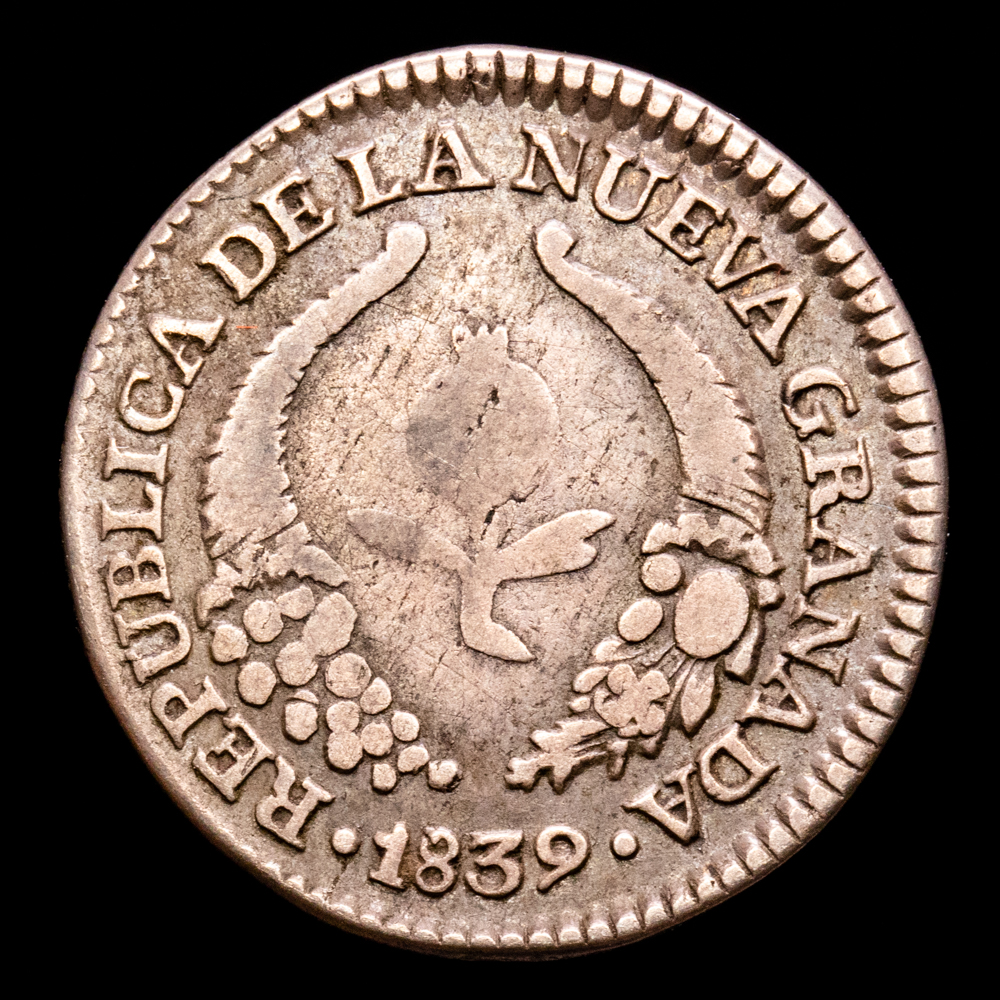 República de Colombia. 1 Real. (2,67 g.). Bogotá. 1839. Ensayador R·S. KM-91.1. MBC. Escasa