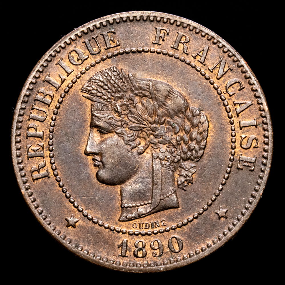 República de Francia. 5 Centimes. (4,99 g.). A-París. 1890. G-157-1. EBC+. Restos de brillo original.